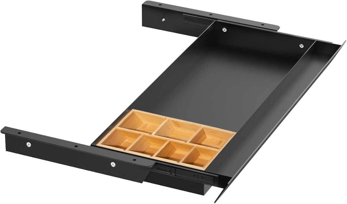 Large Under Desk Mounted Sliding Drawer with Pencil Tray and 60 Degree Tilt Panel to Pull Out, 22'' Long & 13'' deep Large Storage Organizer for Sit Stand Workstation