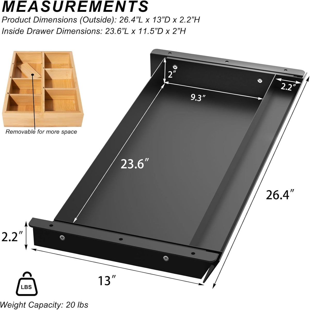 Large Under Desk Mounted Sliding Drawer with Pencil Tray and 60 Degree Tilt Panel to Pull Out, 22'' Long & 13'' deep Large Storage Organizer for Sit Stand Workstation