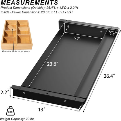 Large Under Desk Mounted Sliding Drawer with Pencil Tray and 60 Degree Tilt Panel to Pull Out, 22'' Long & 13'' deep Large Storage Organizer for Sit Stand Workstation