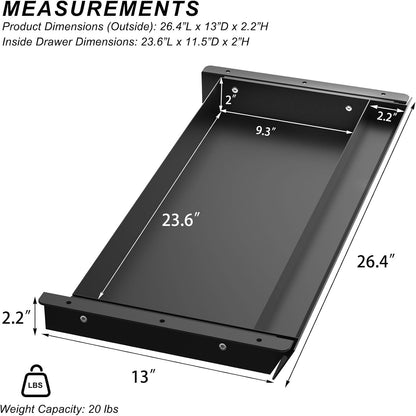 Large Under Desk Mounted Sliding Drawer with Pencil Tray and 60 Degree Tilt Panel to Pull Out, 22'' Long & 13'' deep Large Storage Organizer for Sit Stand Workstation