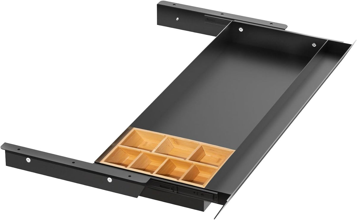 Large Under Desk Mounted Sliding Drawer with Pencil Tray and 60 Degree Tilt Panel to Pull Out, 22'' Long & 13'' deep Large Storage Organizer for Sit Stand Workstation