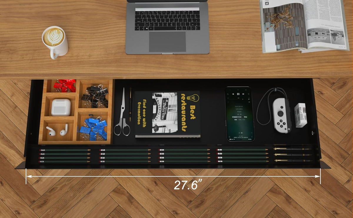Large Under Desk Mounted Sliding Drawer with Pencil Tray and 60 Degree Tilt Panel to Pull Out, 22'' Long & 13'' deep Large Storage Organizer for Sit Stand Workstation
