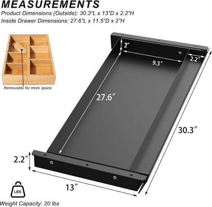 Large Under Desk Mounted Sliding Drawer with Pencil Tray and 60 Degree Tilt Panel to Pull Out, 22'' Long & 13'' deep Large Storage Organizer for Sit Stand Workstation