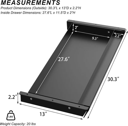 Large Under Desk Mounted Sliding Drawer with Pencil Tray and 60 Degree Tilt Panel to Pull Out, 22'' Long & 13'' deep Large Storage Organizer for Sit Stand Workstation