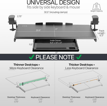 Black Clamp-on 27 x 11 in Keyboard Tray & Pencil Drawer, MOUNT-KB05-4D