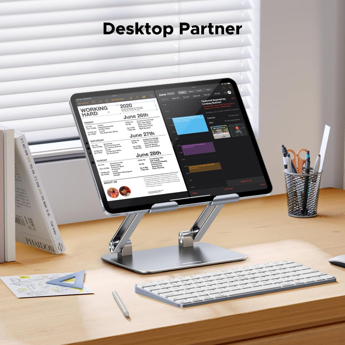 Tablet Stand Holder for Desk Dual Rod Support Aluminum Tablet Holder Adjustable Multi-Angle Home Office Accessories Compatible with iPad Pro 13 12 11 10.5 Air Mini 5 4 3 2 Phone E-Reader Silver