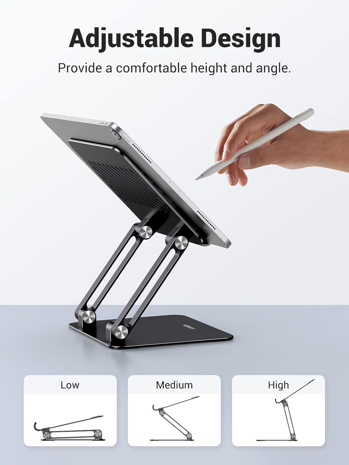 Tablet Stand Holder for Desk Dual Rod Support Aluminum Tablet Holder Adjustable Multi-Angle Home Office Accessories Compatible with iPad Pro 13 12 11 10.5 Air Mini 5 4 3 2 Phone E-Reader Silver