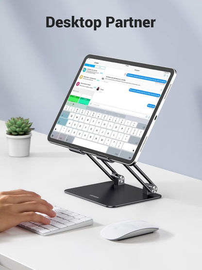 Tablet Stand Holder for Desk Dual Rod Support Aluminum Tablet Holder Adjustable Multi-Angle Home Office Accessories Compatible with iPad Pro 13 12 11 10.5 Air Mini 5 4 3 2 Phone E-Reader Silver