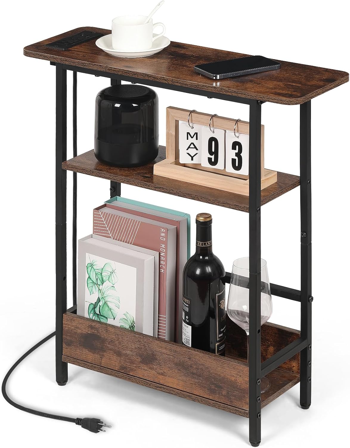 Narrow End Table with USB-C Charging Station, 3-Tier Slim Side Table