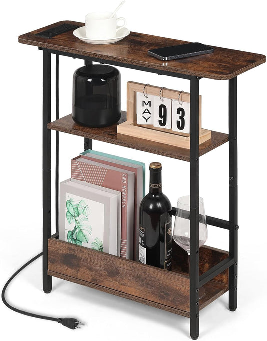 Narrow End Table with USB-C Charging Station, 3-Tier Slim Side Table