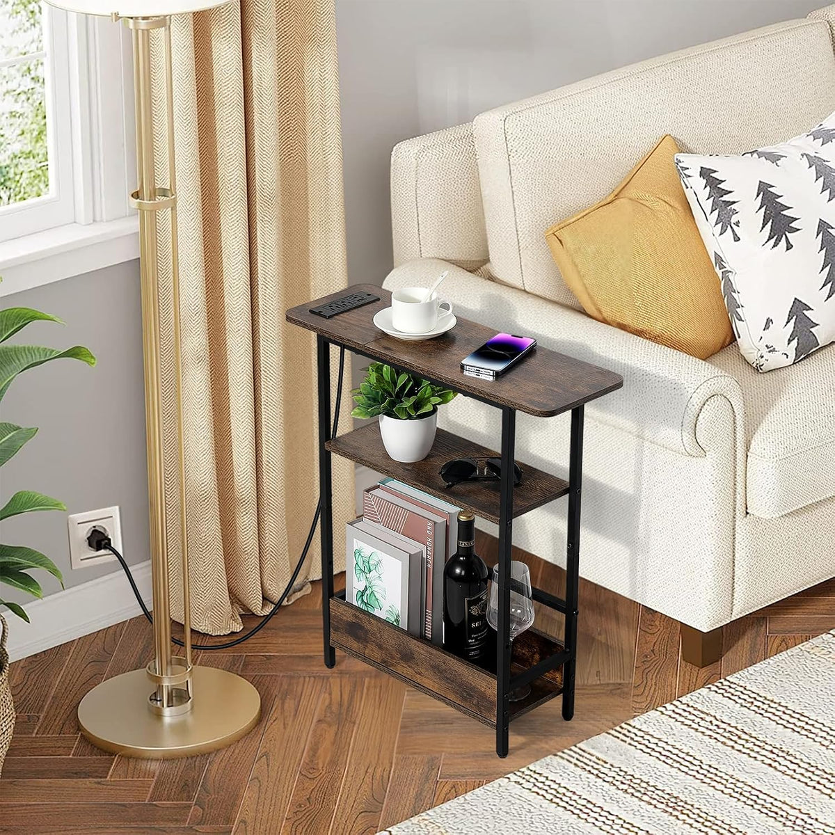 Narrow End Table with USB-C Charging Station, 3-Tier Slim Side Table