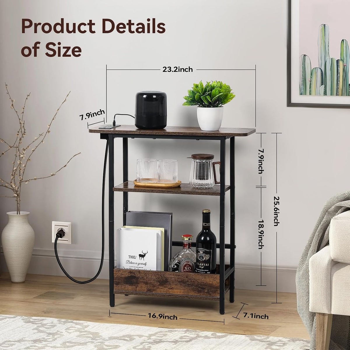 Narrow End Table with USB-C Charging Station, 3-Tier Slim Side Table