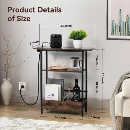 Narrow End Table with USB-C Charging Station, 3-Tier Slim Side Table