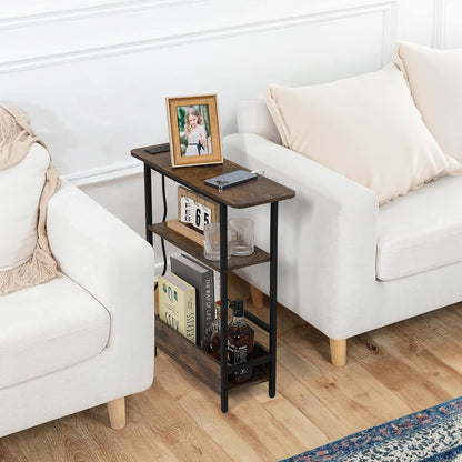 Narrow End Table with USB-C Charging Station, 3-Tier Slim Side Table