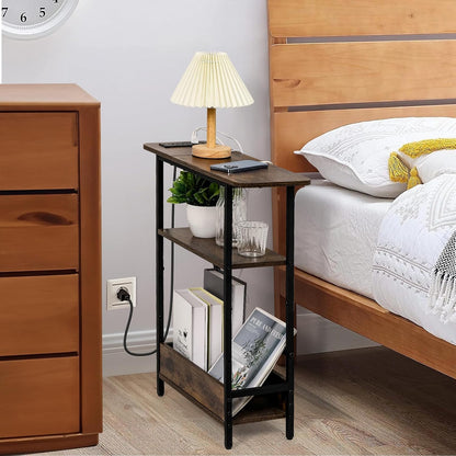 Narrow End Table with USB-C Charging Station, 3-Tier Slim Side Table