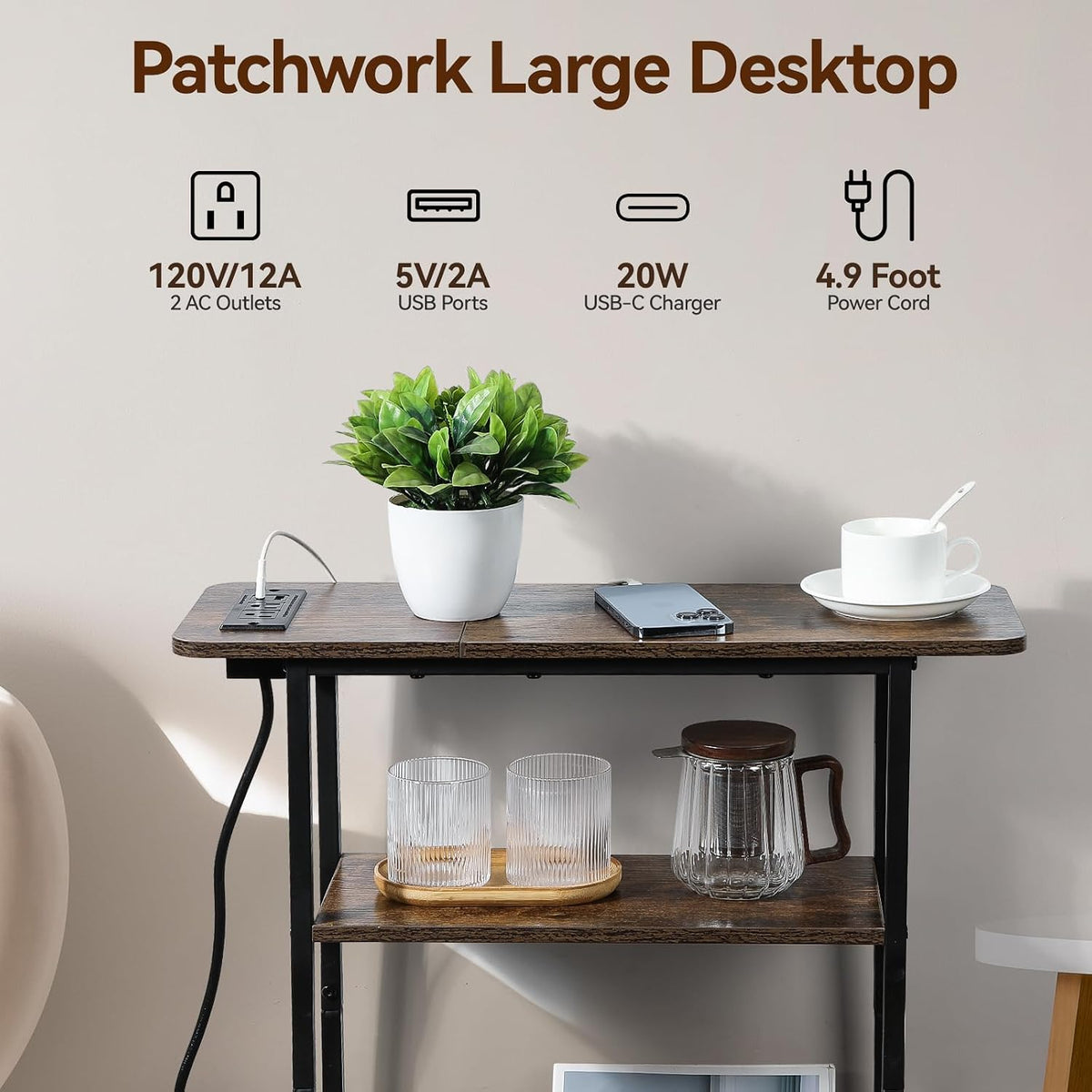 Narrow End Table with USB-C Charging Station, 3-Tier Slim Side Table
