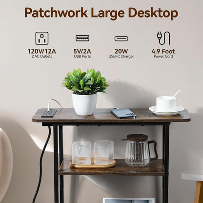 Narrow End Table with USB-C Charging Station, 3-Tier Slim Side Table