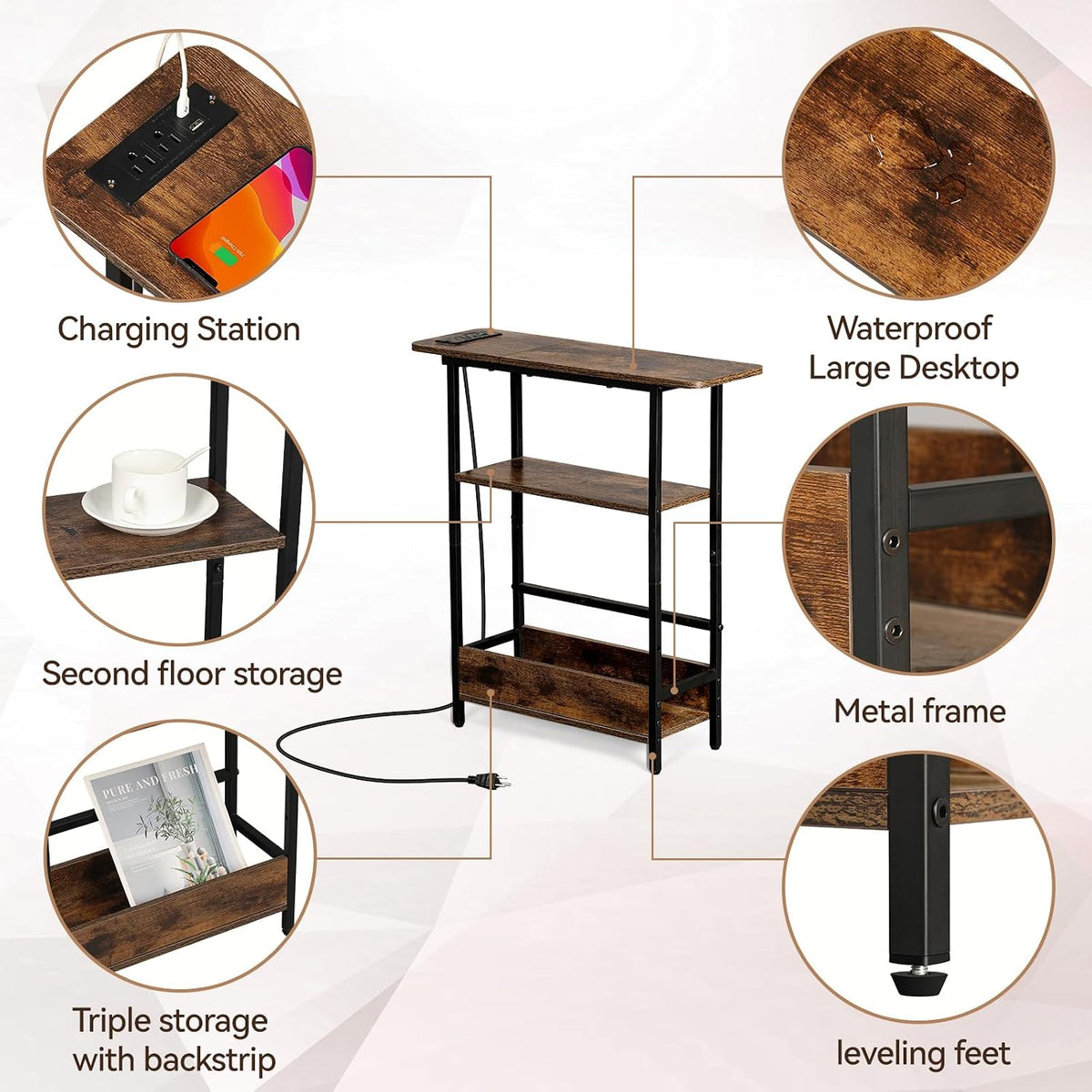 Narrow End Table with USB-C Charging Station, 3-Tier Slim Side Table
