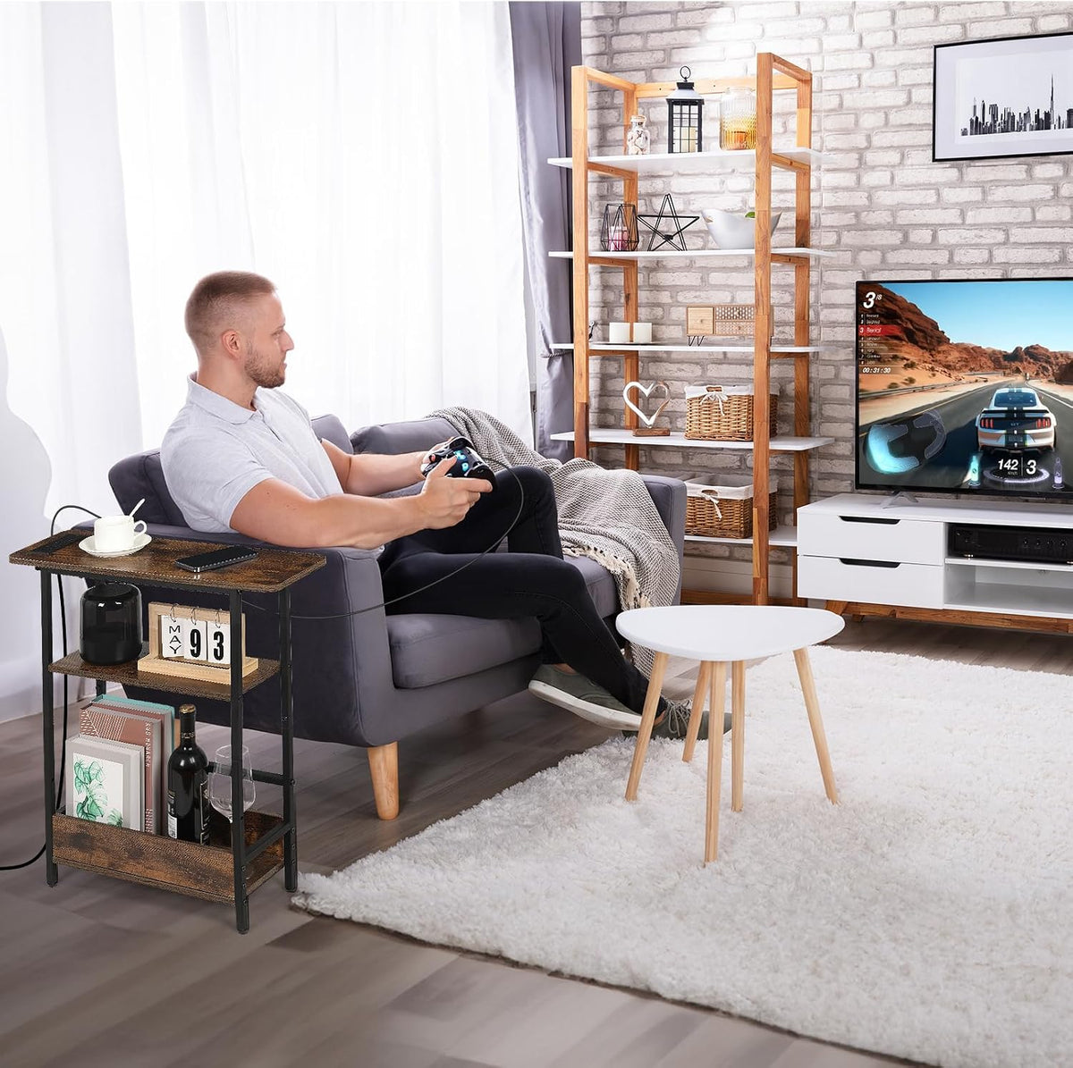 Narrow End Table with USB-C Charging Station, 3-Tier Slim Side Table