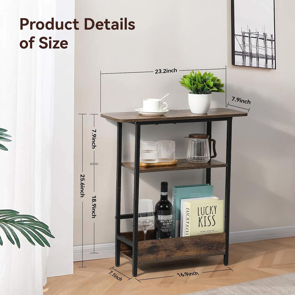 Narrow End Table with USB-C Charging Station, 3-Tier Slim Side Table