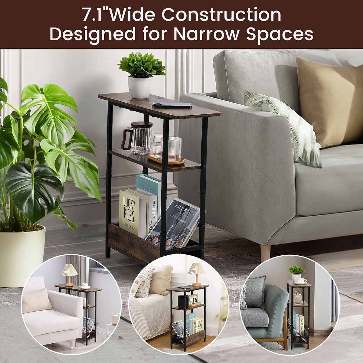 Narrow End Table with USB-C Charging Station, 3-Tier Slim Side Table