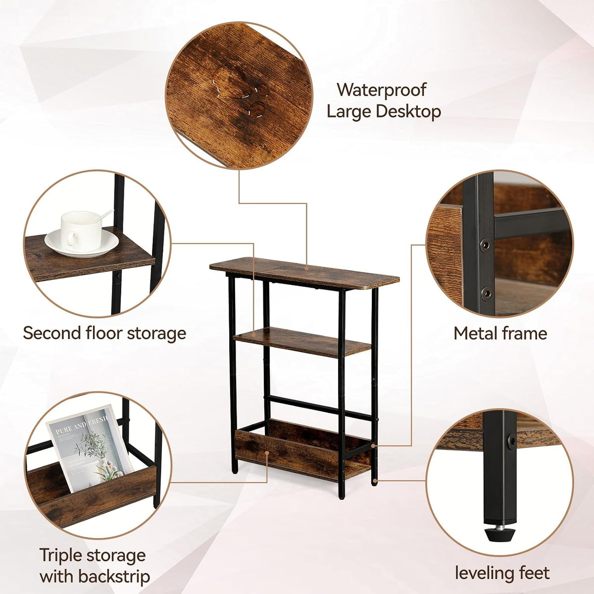 Narrow End Table with USB-C Charging Station, 3-Tier Slim Side Table