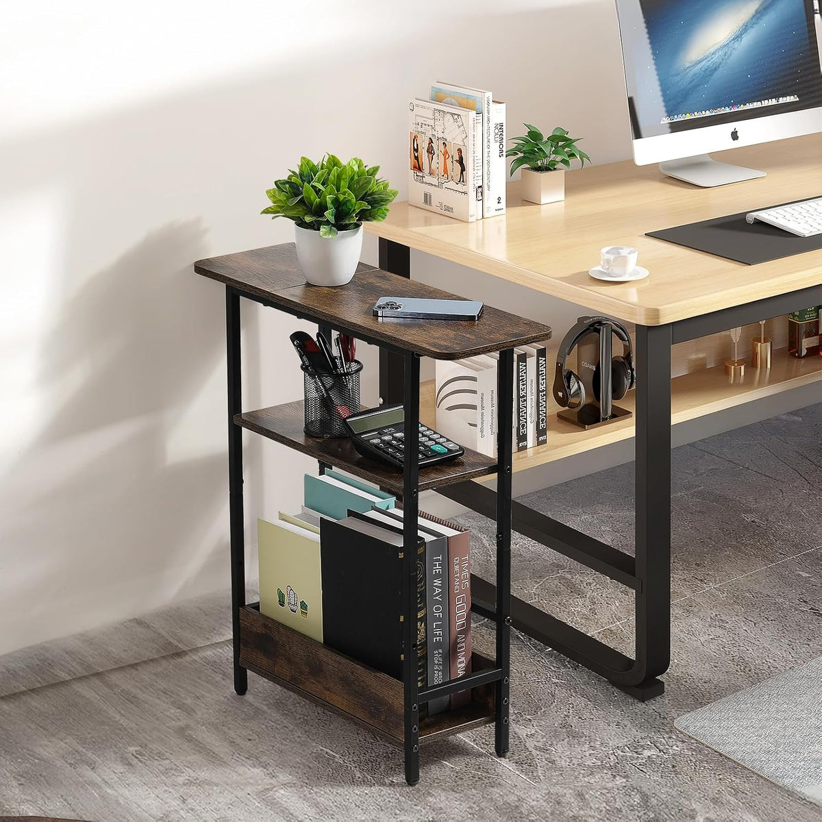 Narrow End Table with USB-C Charging Station, 3-Tier Slim Side Table