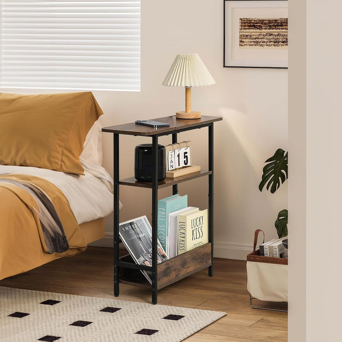 Narrow End Table with USB-C Charging Station, 3-Tier Slim Side Table