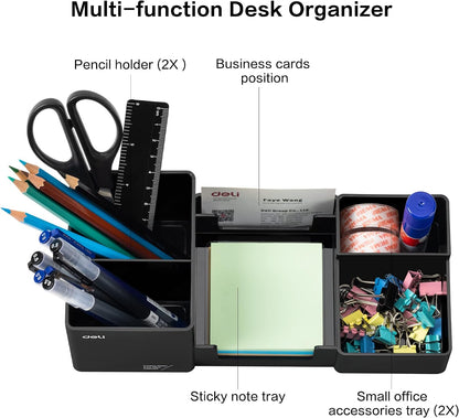 deli Desk Organizer, Plastic Desktop Organizer with Pencil Holder and Sticky Note Tray, Office Stationery Supplies Organizers Accessories Caddy, 6 Compartments, Black