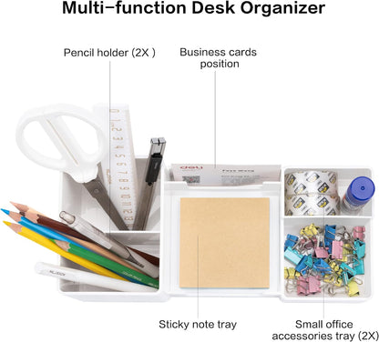 deli Desk Organizer, Plastic Desktop Organizer with Pencil Holder and Sticky Note Tray, Office Stationery Supplies Organizers Accessories Caddy, 6 Compartments, Black