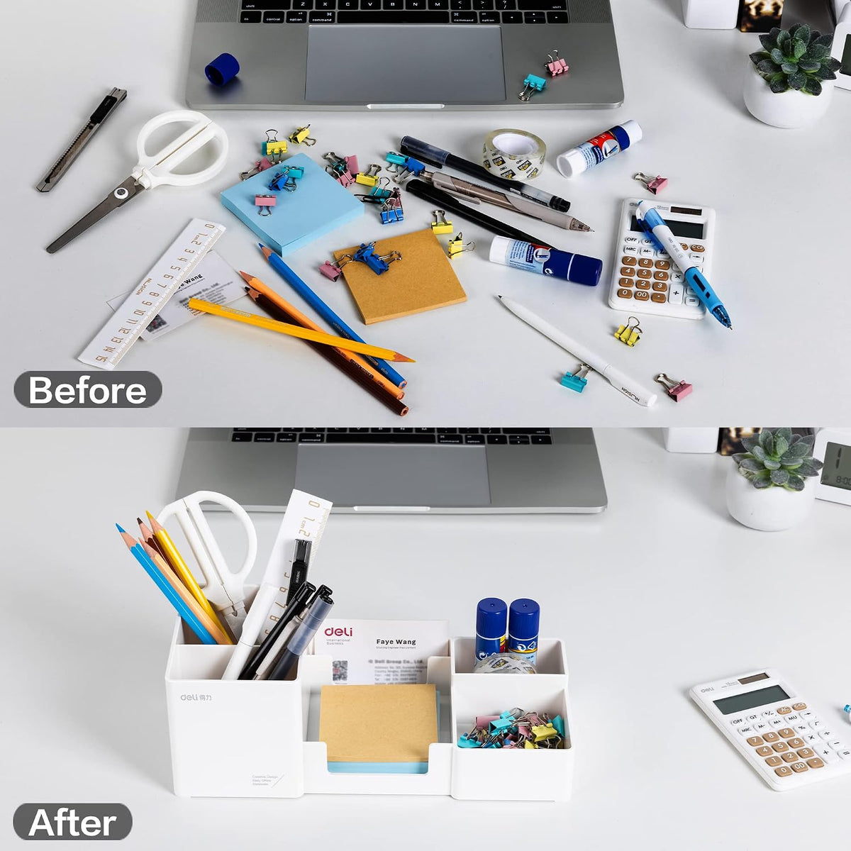 deli Desk Organizer, Plastic Desktop Organizer with Pencil Holder and Sticky Note Tray, Office Stationery Supplies Organizers Accessories Caddy, 6 Compartments, Black