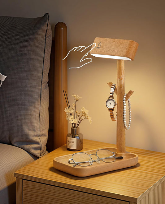 Cordless Table Lamp, Rechargeable Wooden Lamp with Organizer Tray