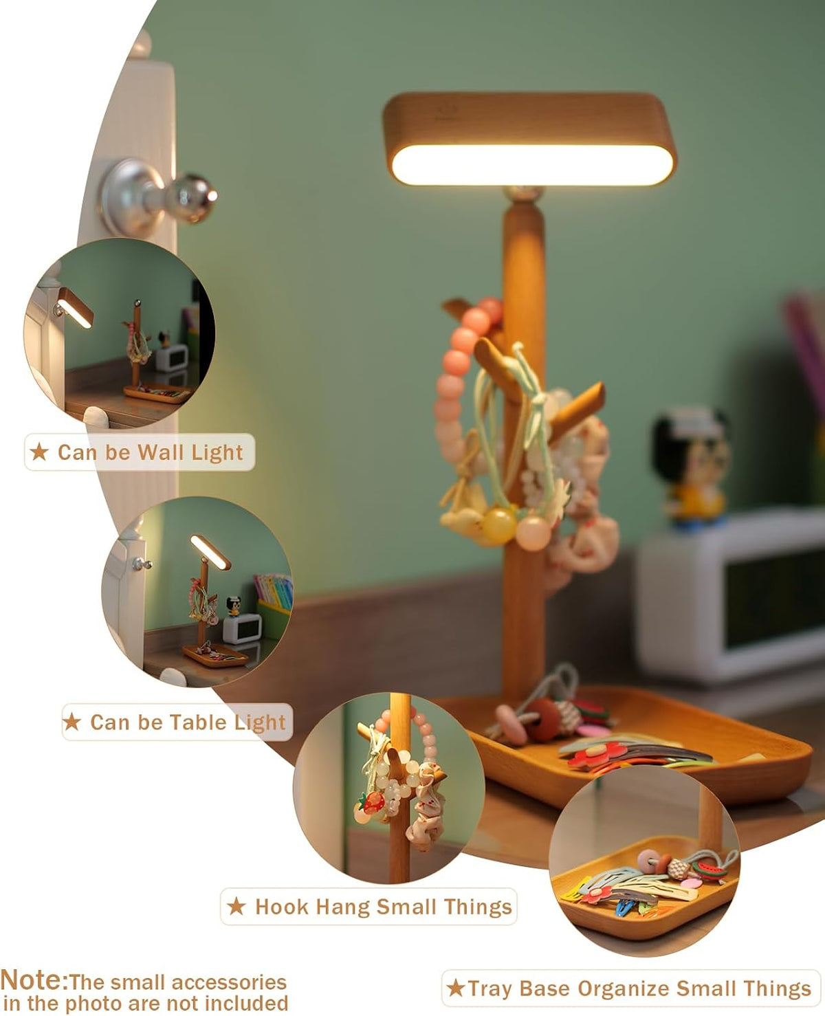 Cordless Table Lamp, Rechargeable Wooden Lamp with Organizer Tray