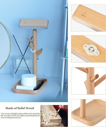 Cordless Table Lamp, Rechargeable Wooden Lamp with Organizer Tray