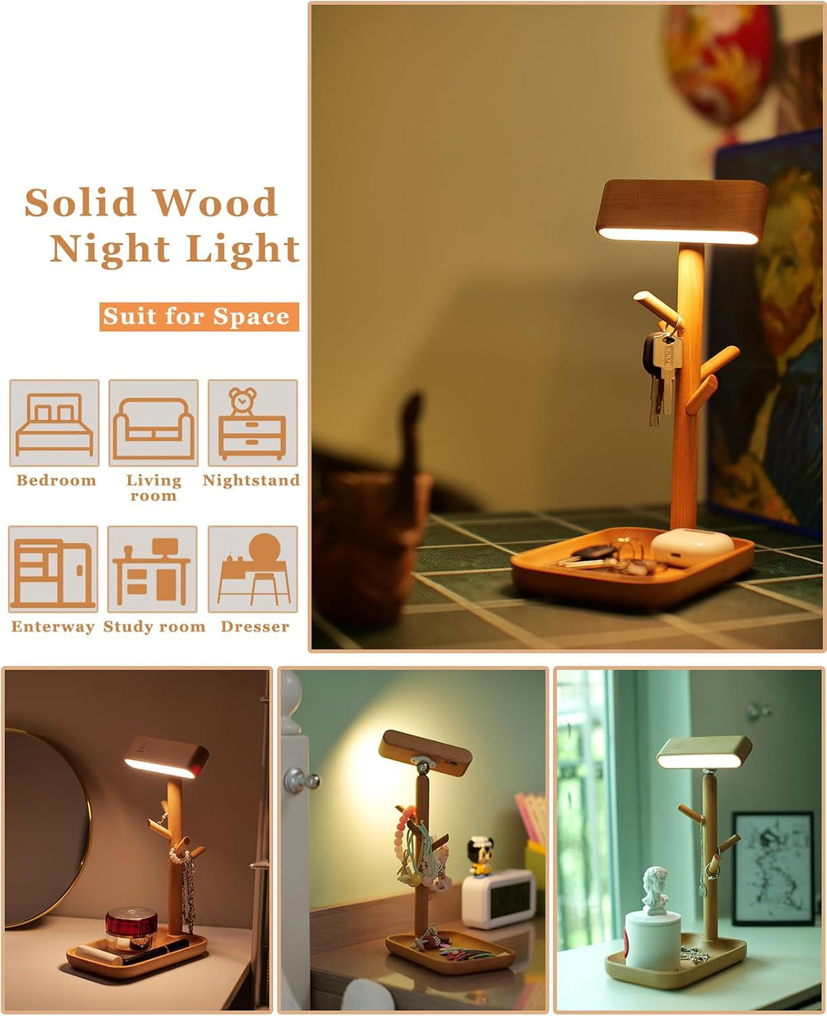 Cordless Table Lamp, Rechargeable Wooden Lamp with Organizer Tray
