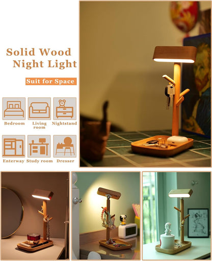 Cordless Table Lamp, Rechargeable Wooden Lamp with Organizer Tray