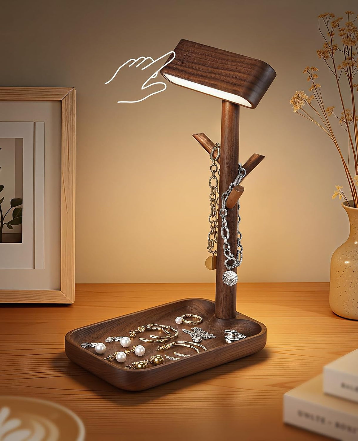 Cordless Table Lamp, Rechargeable Wooden Lamp with Organizer Tray