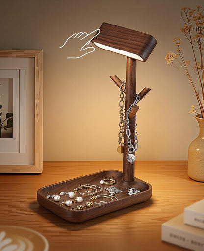 Cordless Table Lamp, Rechargeable Wooden Lamp with Organizer Tray