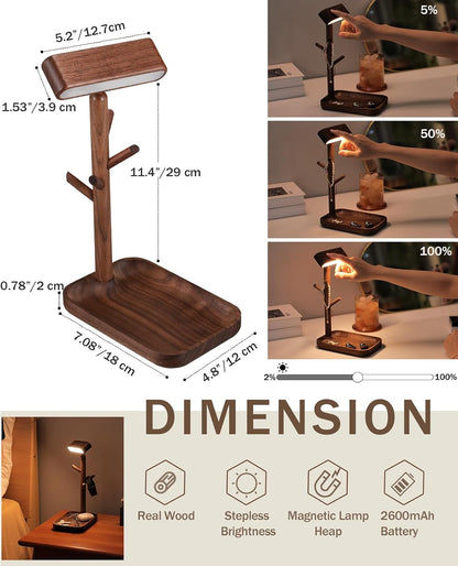 Cordless Table Lamp, Rechargeable Wooden Lamp with Organizer Tray