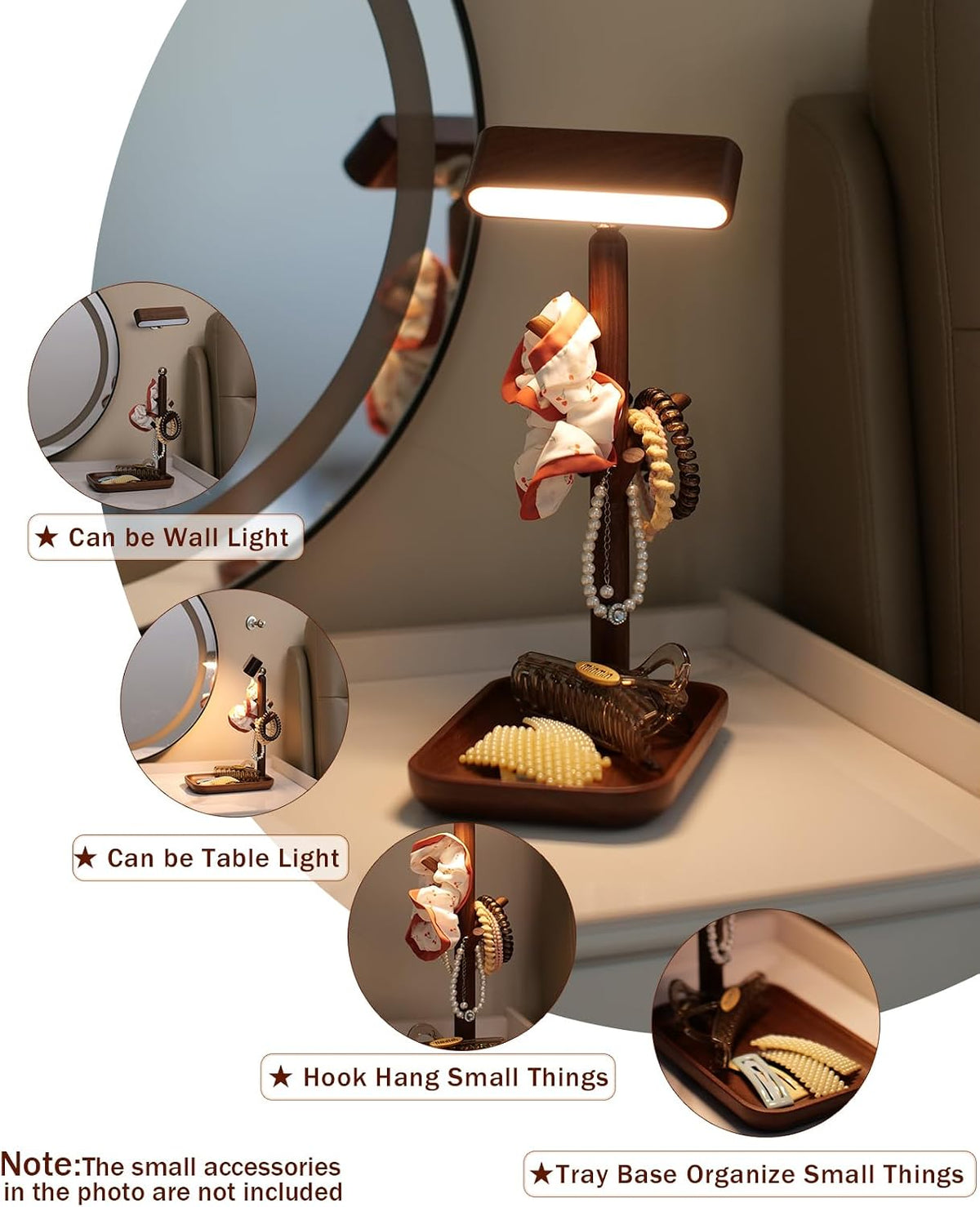 Cordless Table Lamp, Rechargeable Wooden Lamp with Organizer Tray