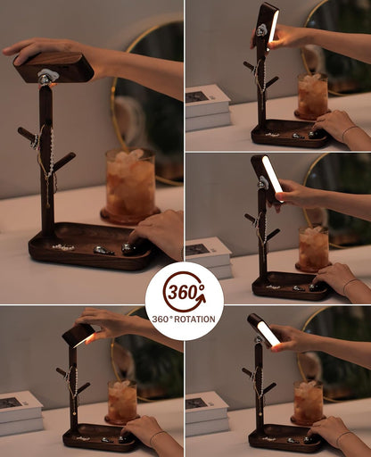 Cordless Table Lamp, Rechargeable Wooden Lamp with Organizer Tray