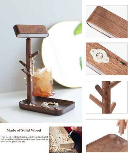 Cordless Table Lamp, Rechargeable Wooden Lamp with Organizer Tray