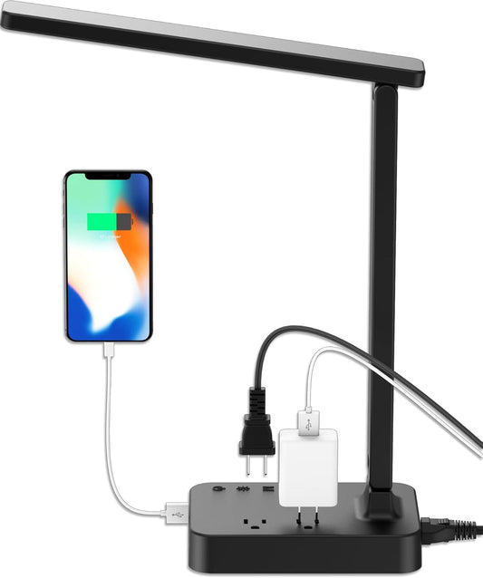 LED Desk Lamp for College Dorm Room, Desk Light with 1 USB Charging Port 2 AC Power Outlet, 3 Lighting Modes, 3 Level Brightness Touch Lamp, Eye-Caring Home Office Foldable Table Lamp