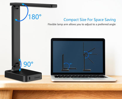 LED Desk Lamp for College Dorm Room, Desk Light with 1 USB Charging Port 2 AC Power Outlet, 3 Lighting Modes, 3 Level Brightness Touch Lamp, Eye-Caring Home Office Foldable Table Lamp
