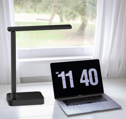 LED Desk Lamp for College Dorm Room, Desk Light with 1 USB Charging Port 2 AC Power Outlet, 3 Lighting Modes, 3 Level Brightness Touch Lamp, Eye-Caring Home Office Foldable Table Lamp