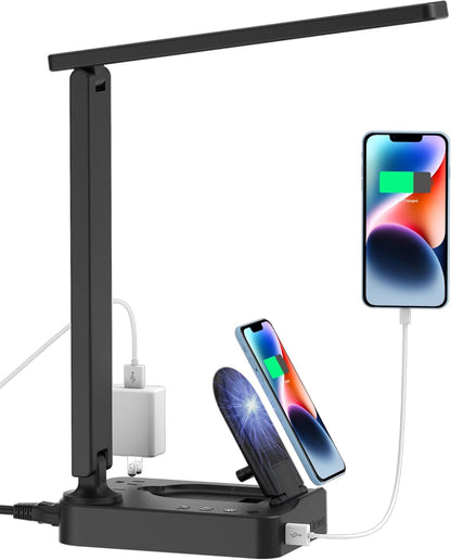 LED Desk Lamp for College Dorm Room, Desk Light with 1 USB Charging Port 2 AC Power Outlet, 3 Lighting Modes, 3 Level Brightness Touch Lamp, Eye-Caring Home Office Foldable Table Lamp
