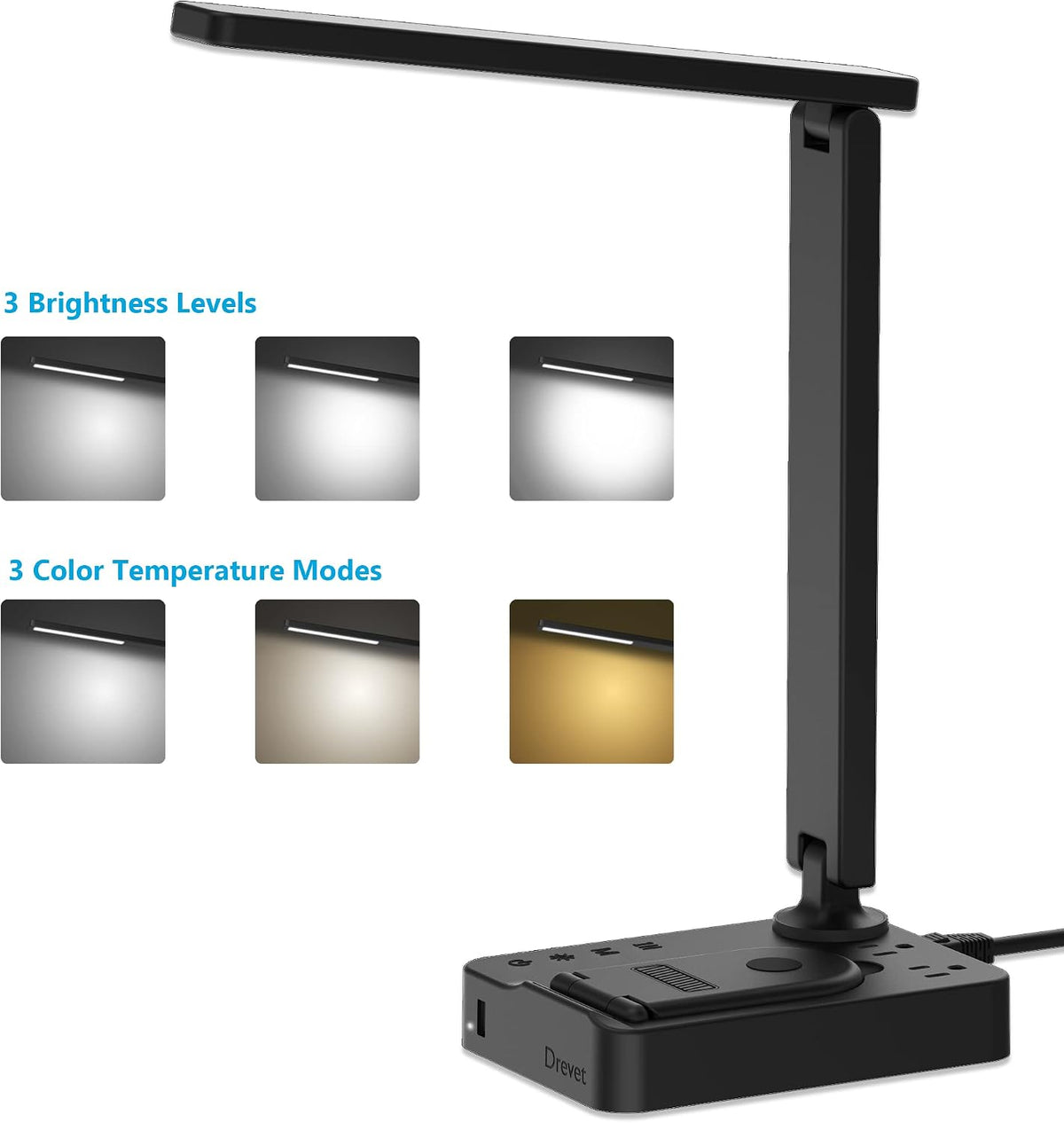 LED Desk Lamp for College Dorm Room, Desk Light with 1 USB Charging Port 2 AC Power Outlet, 3 Lighting Modes, 3 Level Brightness Touch Lamp, Eye-Caring Home Office Foldable Table Lamp