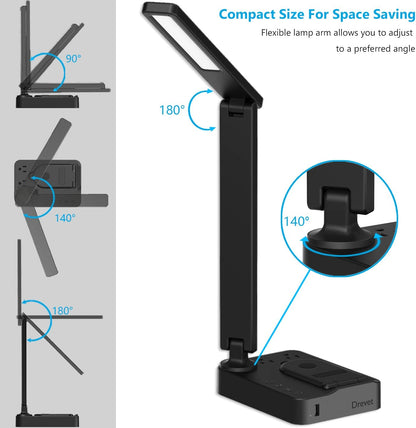 LED Desk Lamp for College Dorm Room, Desk Light with 1 USB Charging Port 2 AC Power Outlet, 3 Lighting Modes, 3 Level Brightness Touch Lamp, Eye-Caring Home Office Foldable Table Lamp