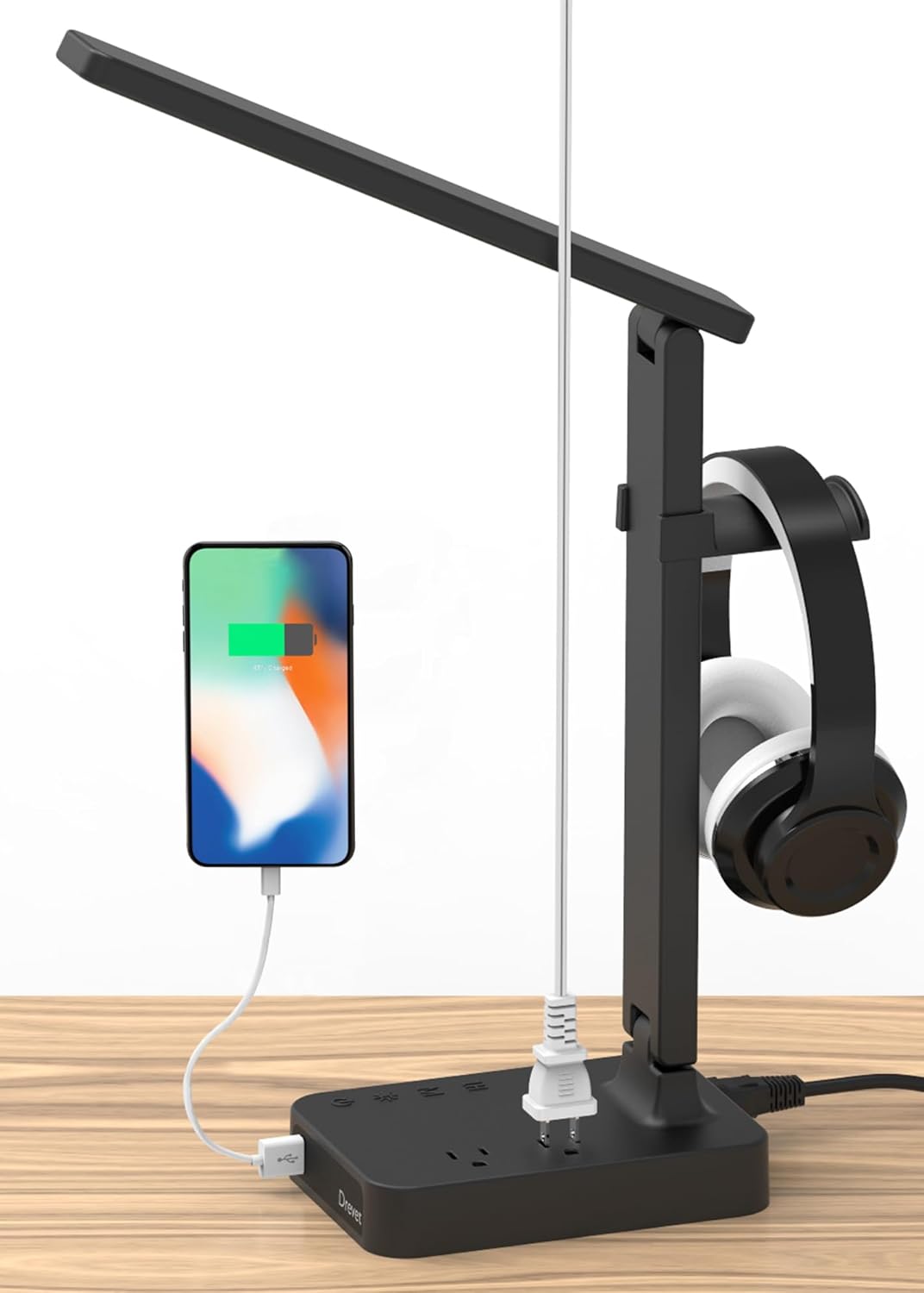 LED Desk Lamp for College Dorm Room, Desk Light with 1 USB Charging Port 2 AC Power Outlet, 3 Lighting Modes, 3 Level Brightness Touch Lamp, Eye-Caring Home Office Foldable Table Lamp