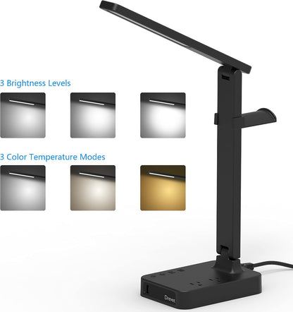 LED Desk Lamp for College Dorm Room, Desk Light with 1 USB Charging Port 2 AC Power Outlet, 3 Lighting Modes, 3 Level Brightness Touch Lamp, Eye-Caring Home Office Foldable Table Lamp